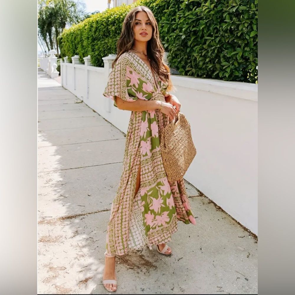 Cottage Floral Print Kaftan Coverup Dress